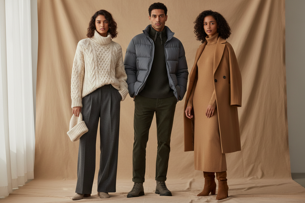 Generate a modern studio image featuring South Asian models in winter wear including sweaters, coats, jackets, and knit dresses. Styling should feel contemporary and wearable. Background: minimal neutral studio. Lighting: soft and natural. Mood: stylish, cosy, and modern.