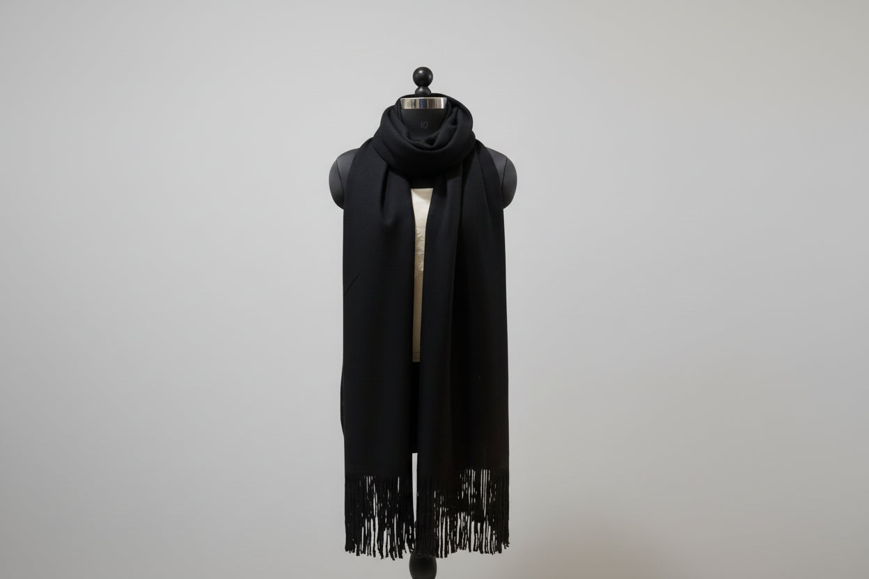 Black Pure Lambswool Shawl With Suede Tassels