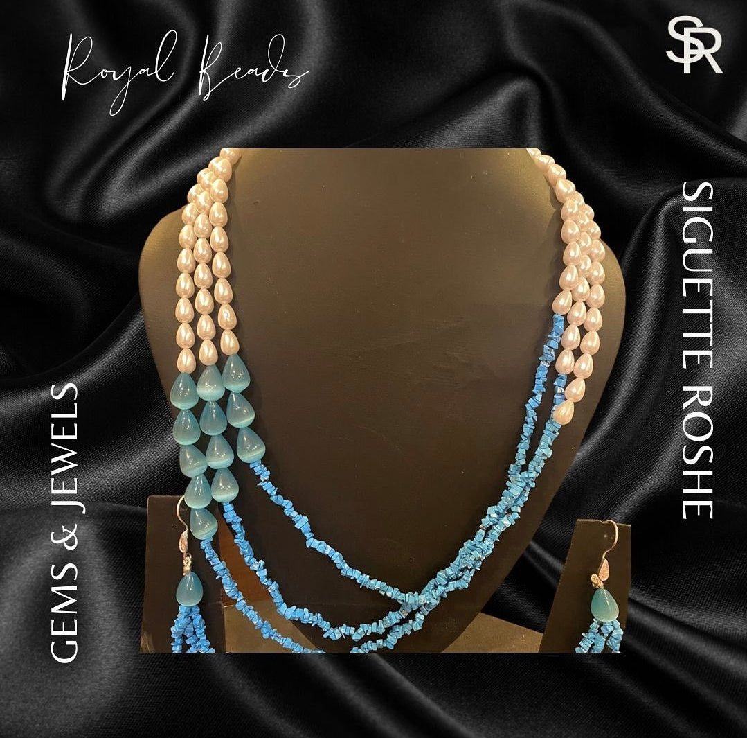 Royal Beads Oceanic Blue Beads and Pearls Mala With Matching Earrings