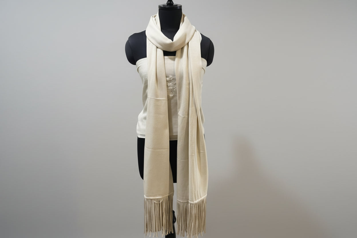 White Pure Lambswool Shawl With Suede Tassels