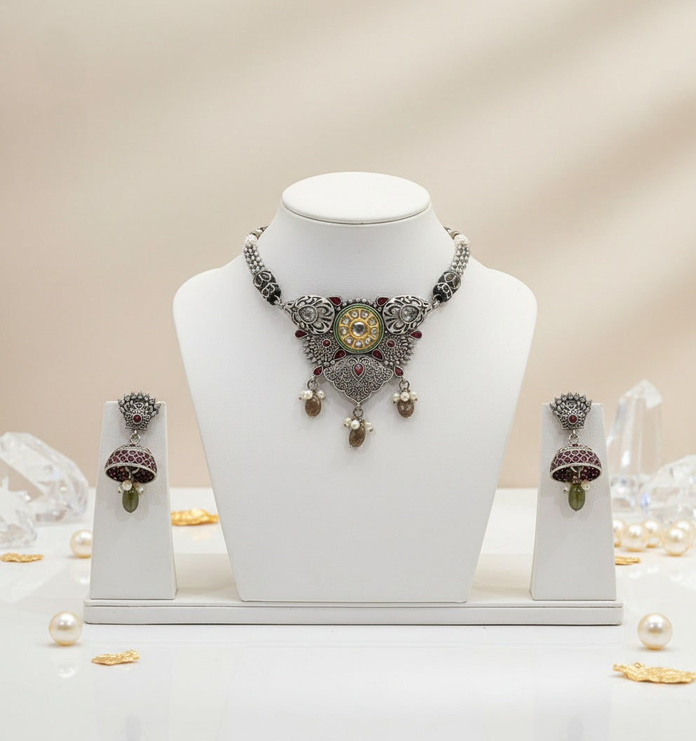 Elora Oxidised Choker Set With Earrings