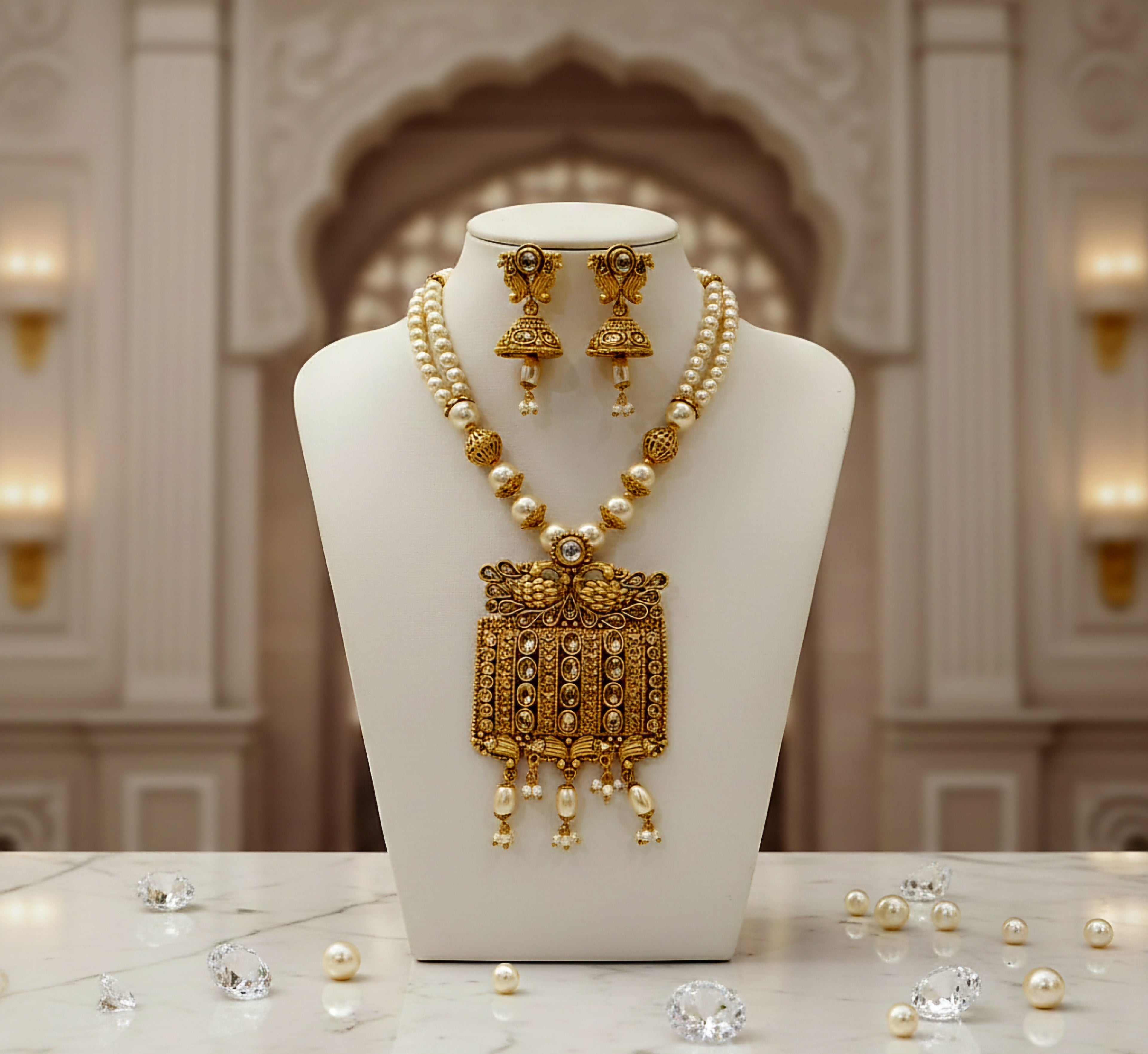 Aishwaryaa Regal Gold Necklace With Beads and Matching Earrings