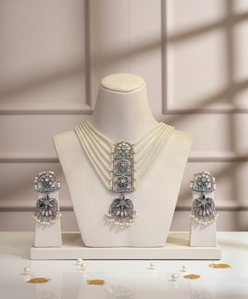 Rahasya Pearl Work Rani Haar Necklace With Matching Earrings