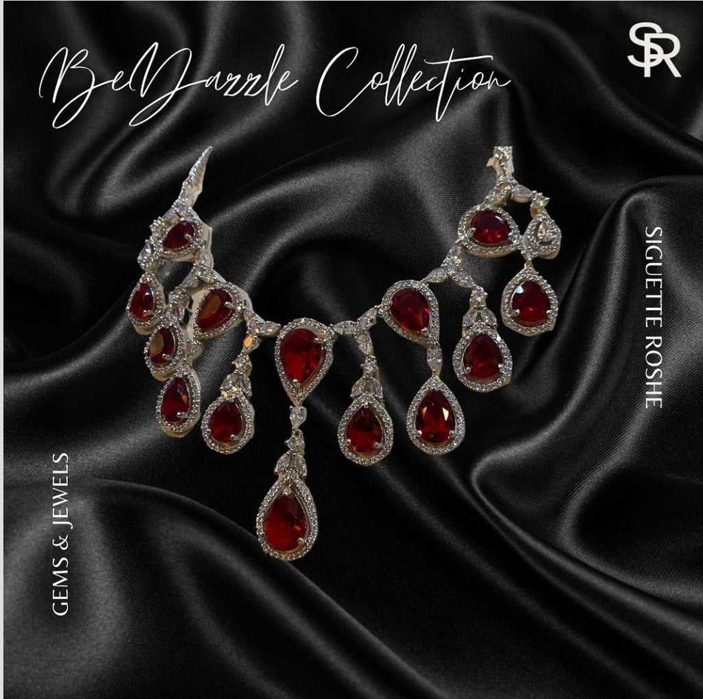 Zeline Ruby and American Diamond Necklace and Matching Drop Earrings Set