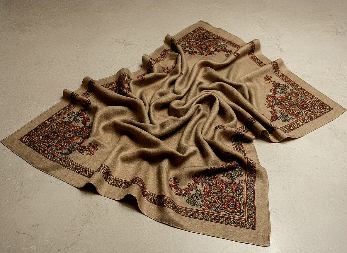 Zarafshan Pashmina With Intricate Hand Embroidered Sozni Work Handspun and Handwoven