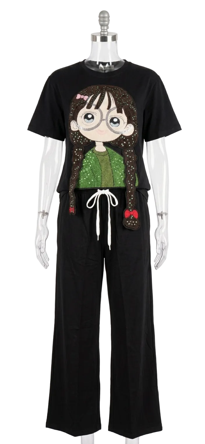 Anime Relaxed Fit Co-Cord Set with Cartoon Motif
