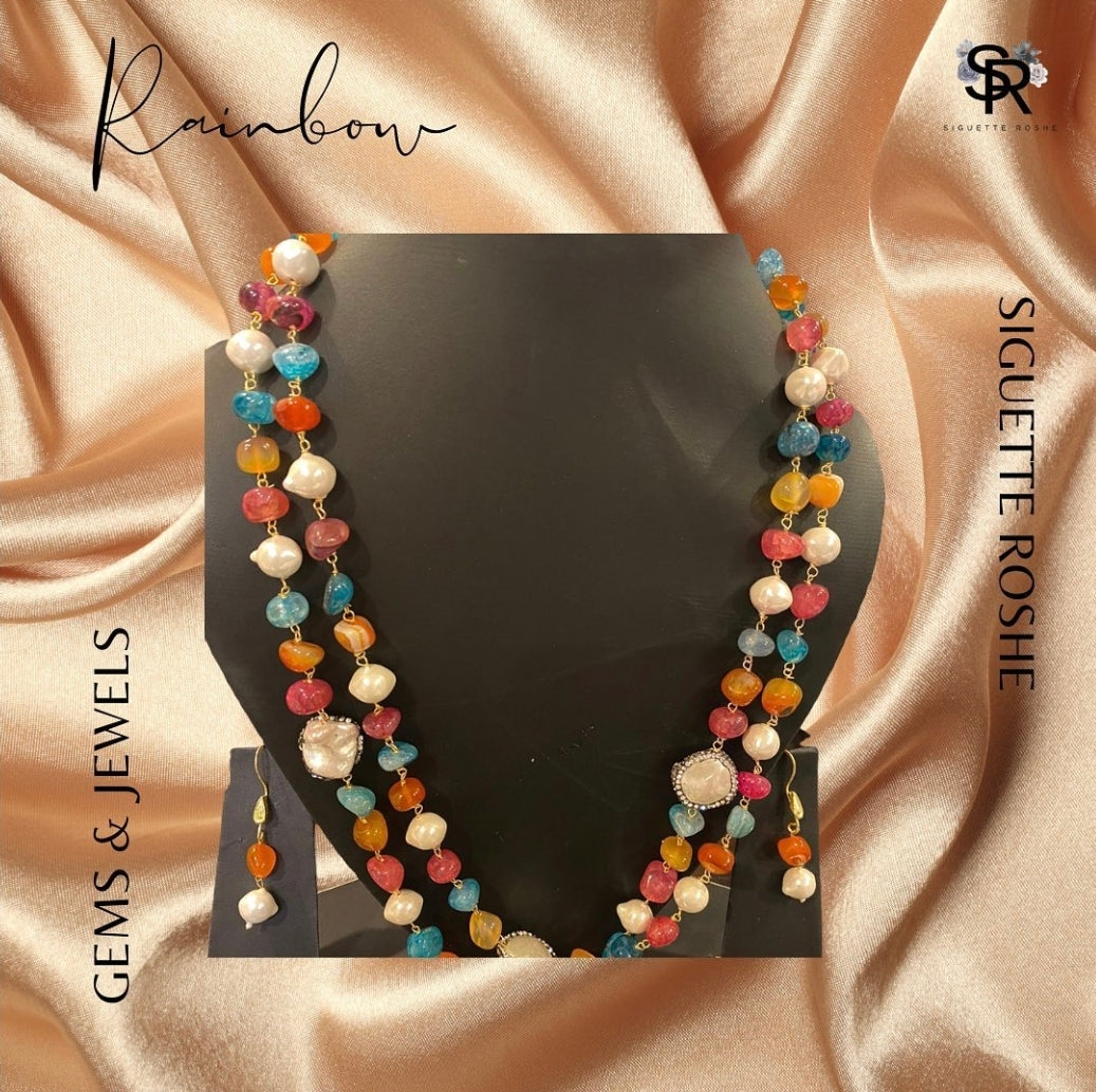 Rainbow Beads and Mother Of Pearl Encrusted Mala With Matching Drop Down Earrings