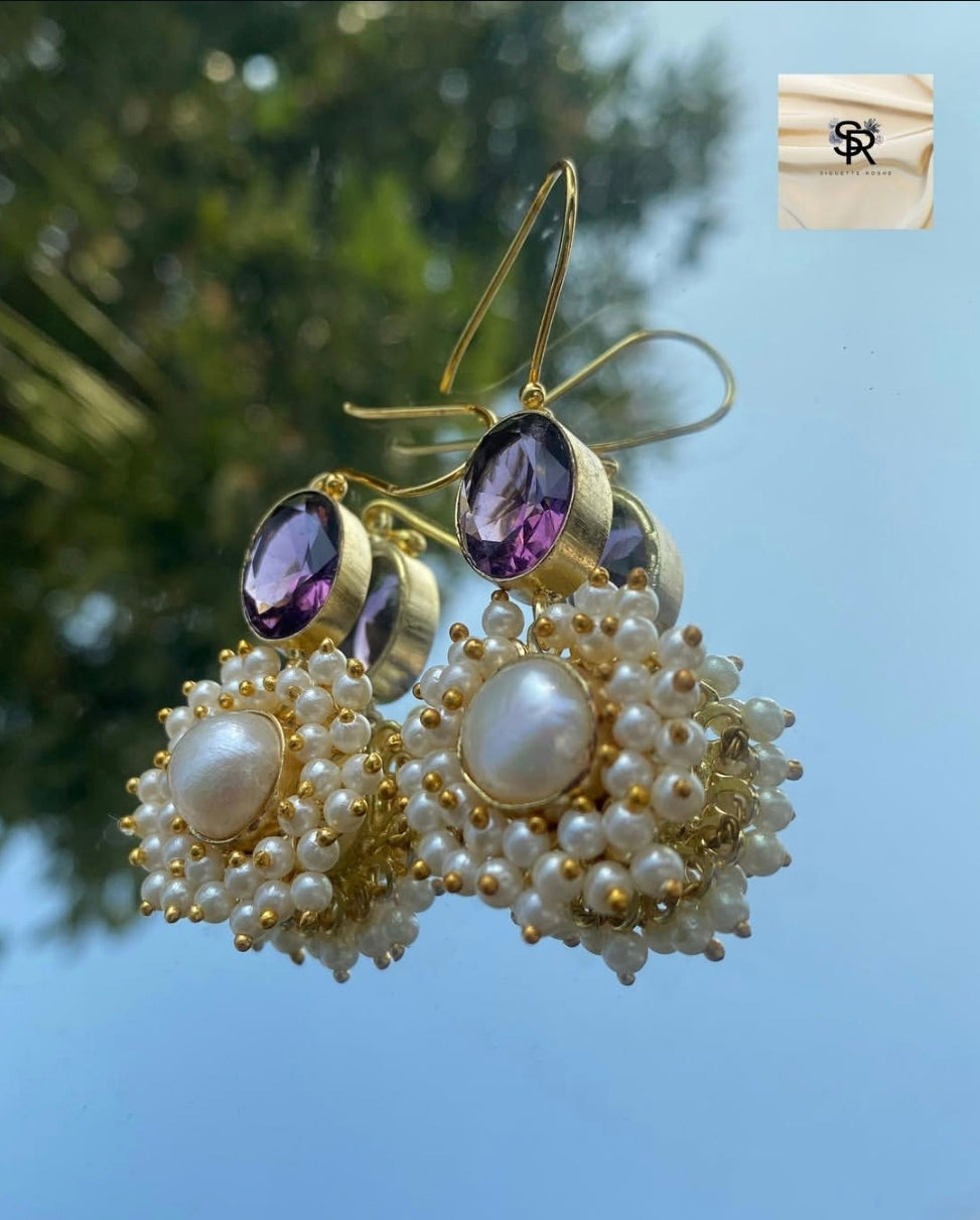 Sree Gemstone Jhumkas With Pearls