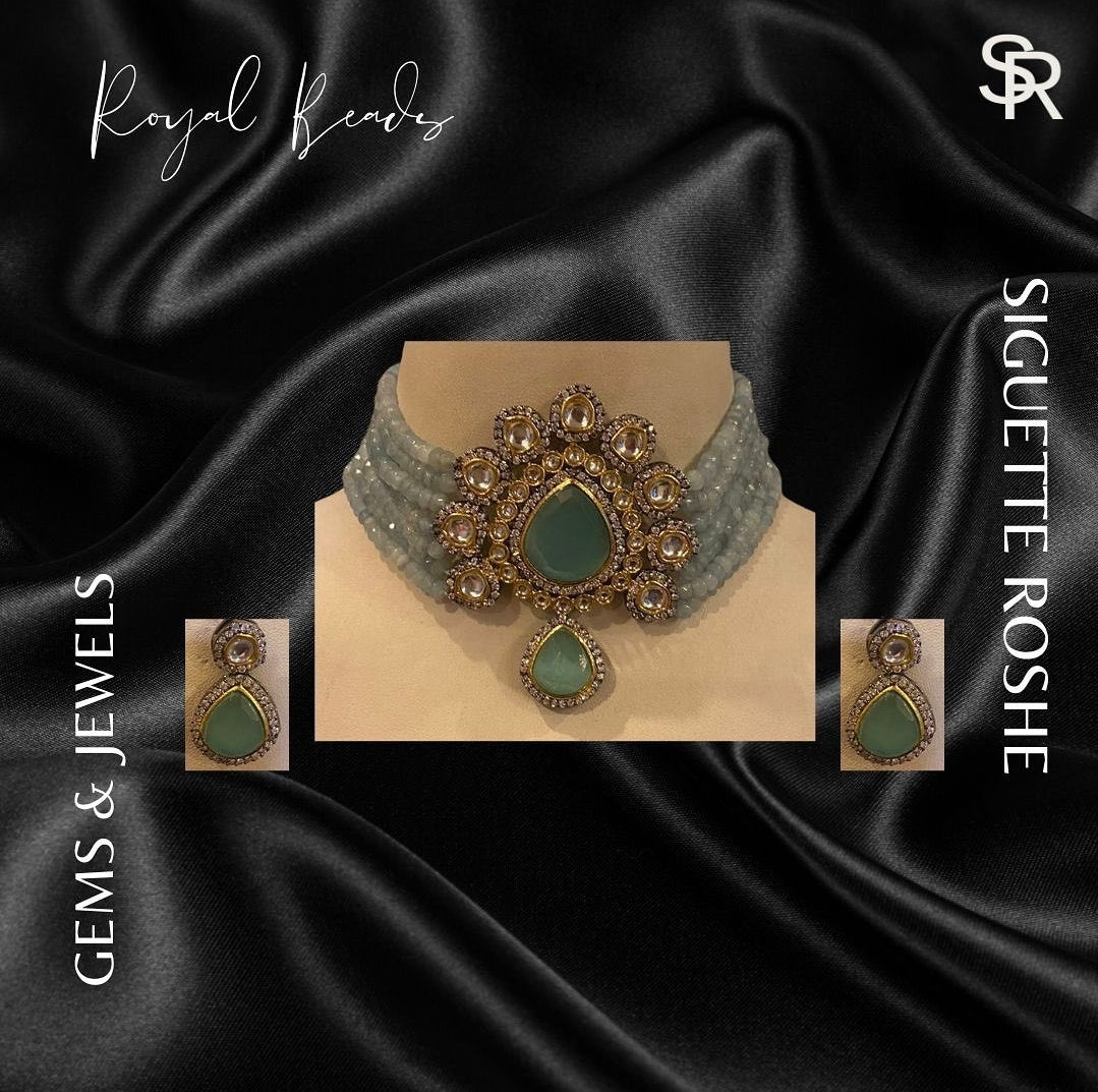 Aquamarine Royal Beads Kundan Choker With Matching Drop Earrings
