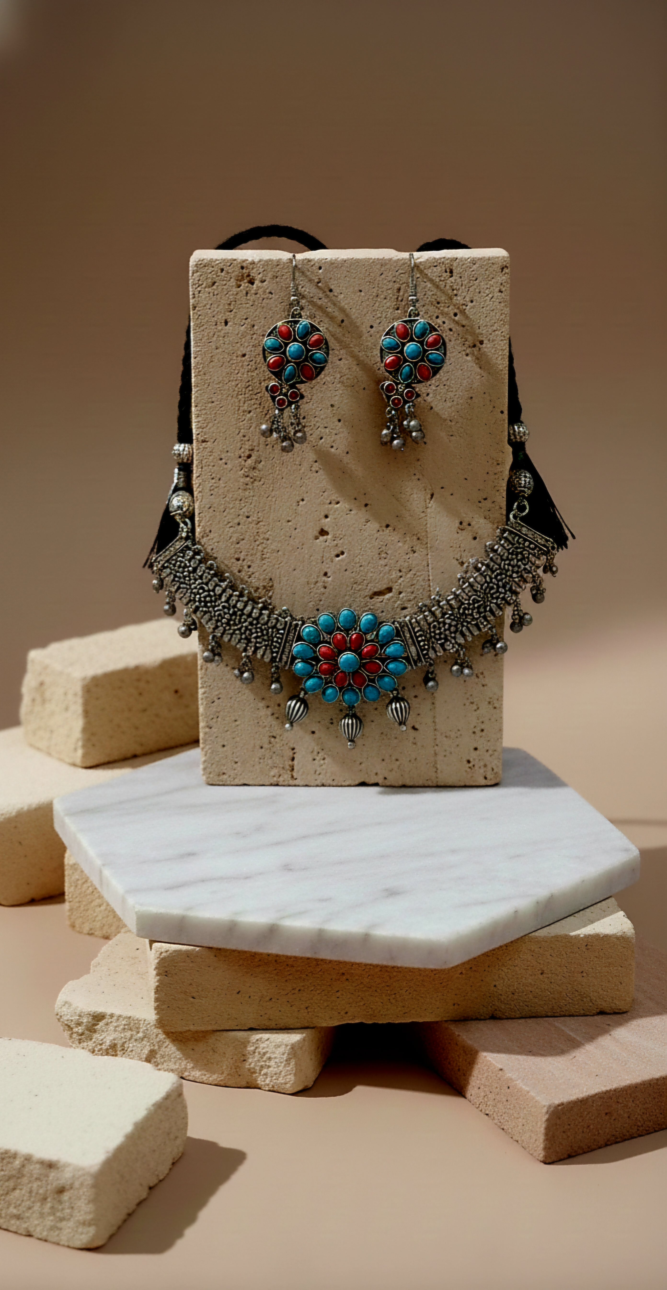 Nazneen Oxidised Statement Necklace With Matching Earrings