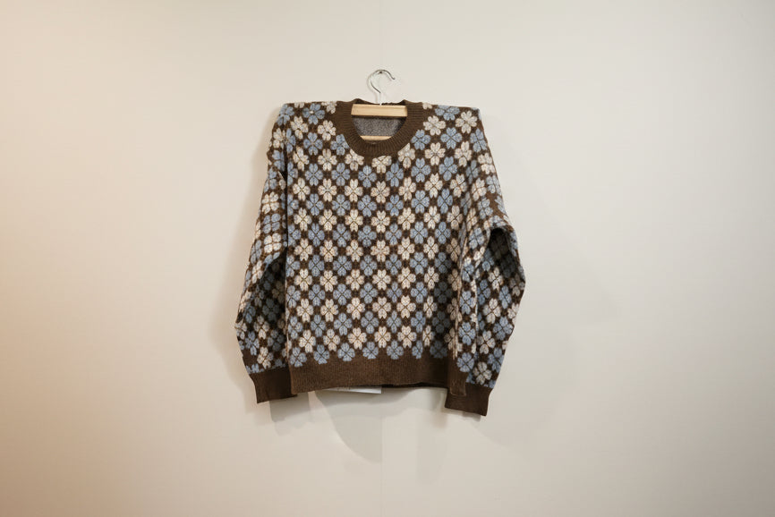 Brown Floral Chequered Sweater With Pearls