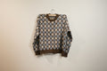 Brown Floral Chequered Sweater With Pearls