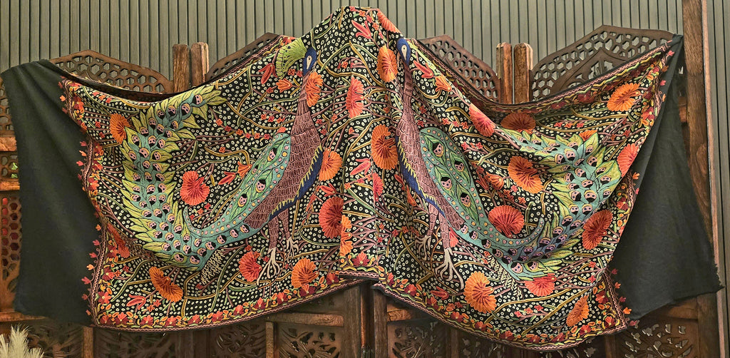 Peacock Cashmere Wool Shawl With Aari Embroidery