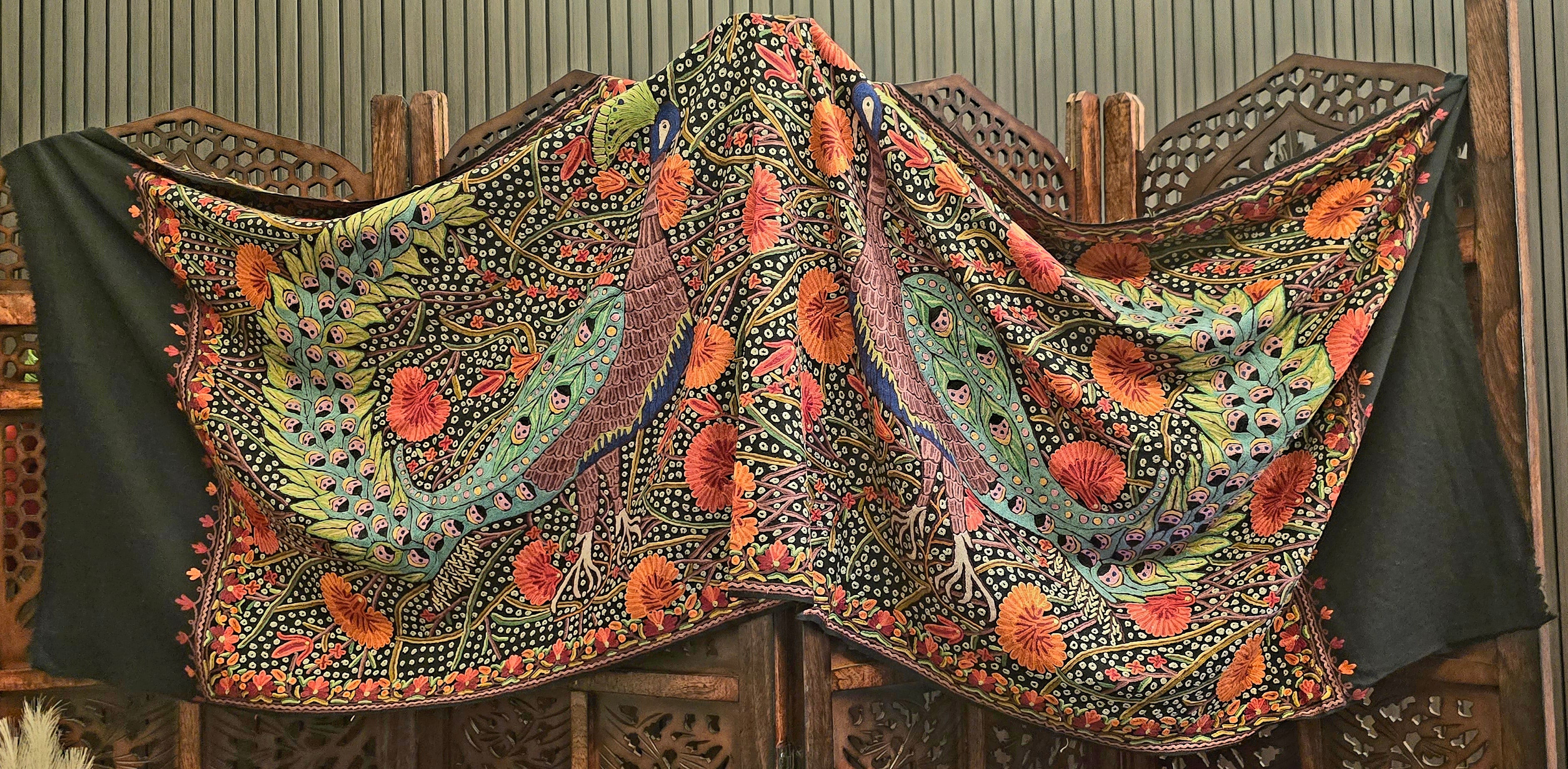 Peacock Cashmere Wool Shawl With Aari Embroidery
