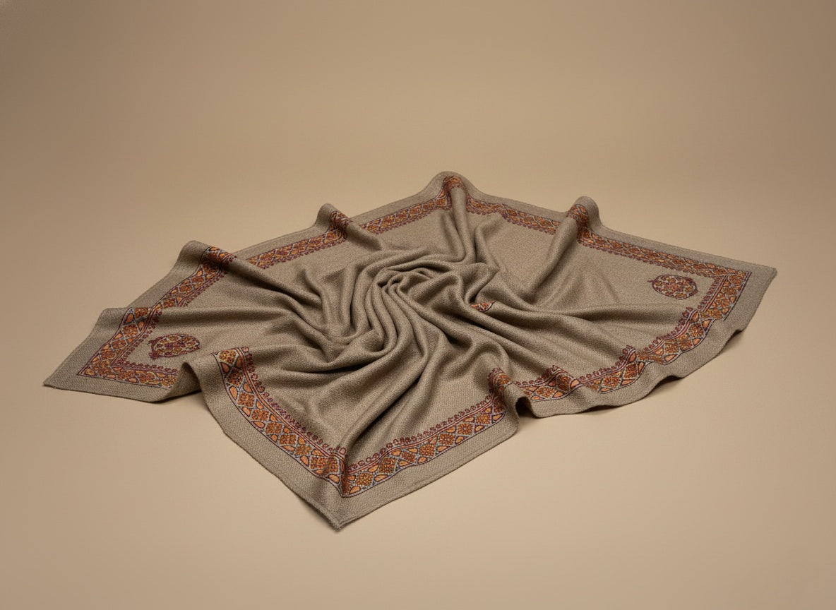 Gulnaar Pashmina With Intricate Hand Embroidered Sozni Work Handspun and Handwoven