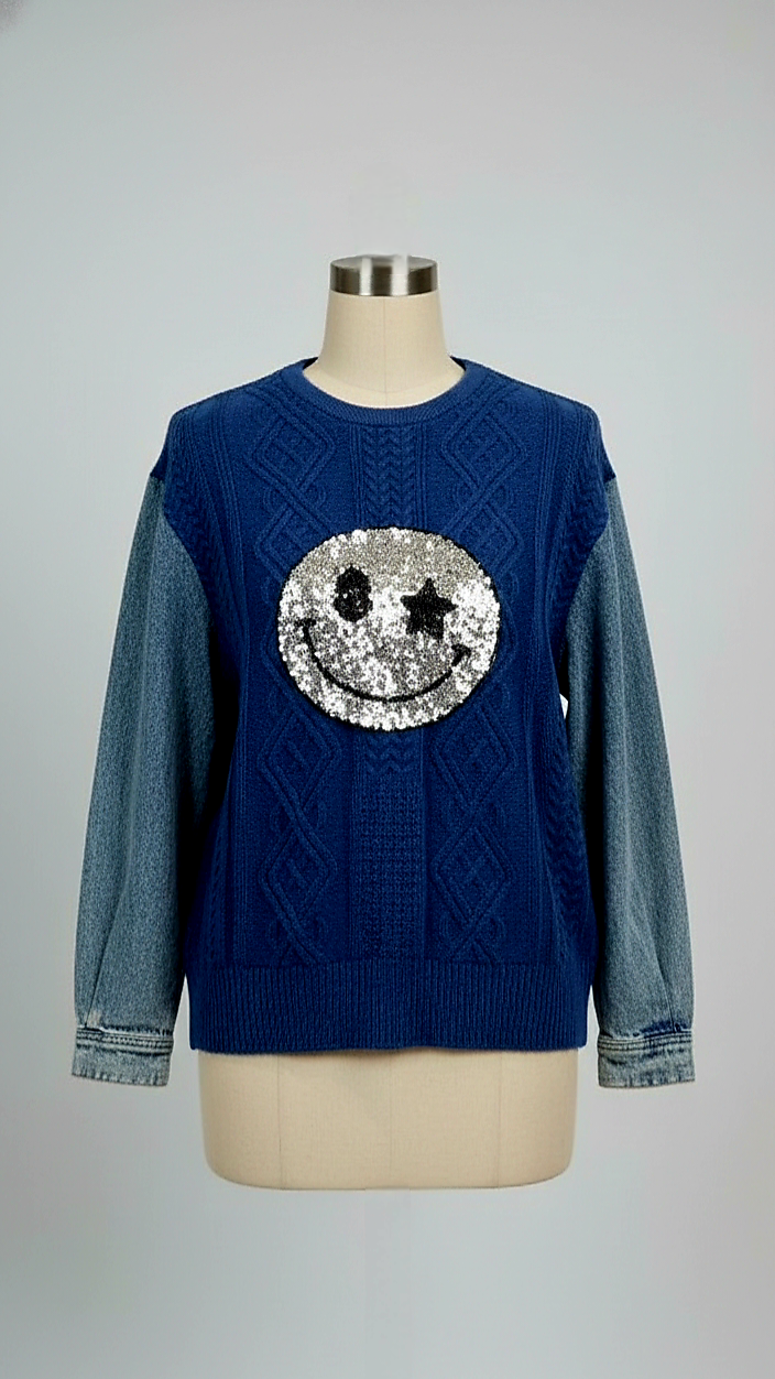Cloud Knit Sweater With Denim Back and Sequin Detail