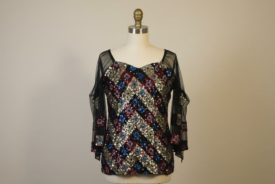 Aurora Sequinned Off Shoulder Top With Net Sleeves