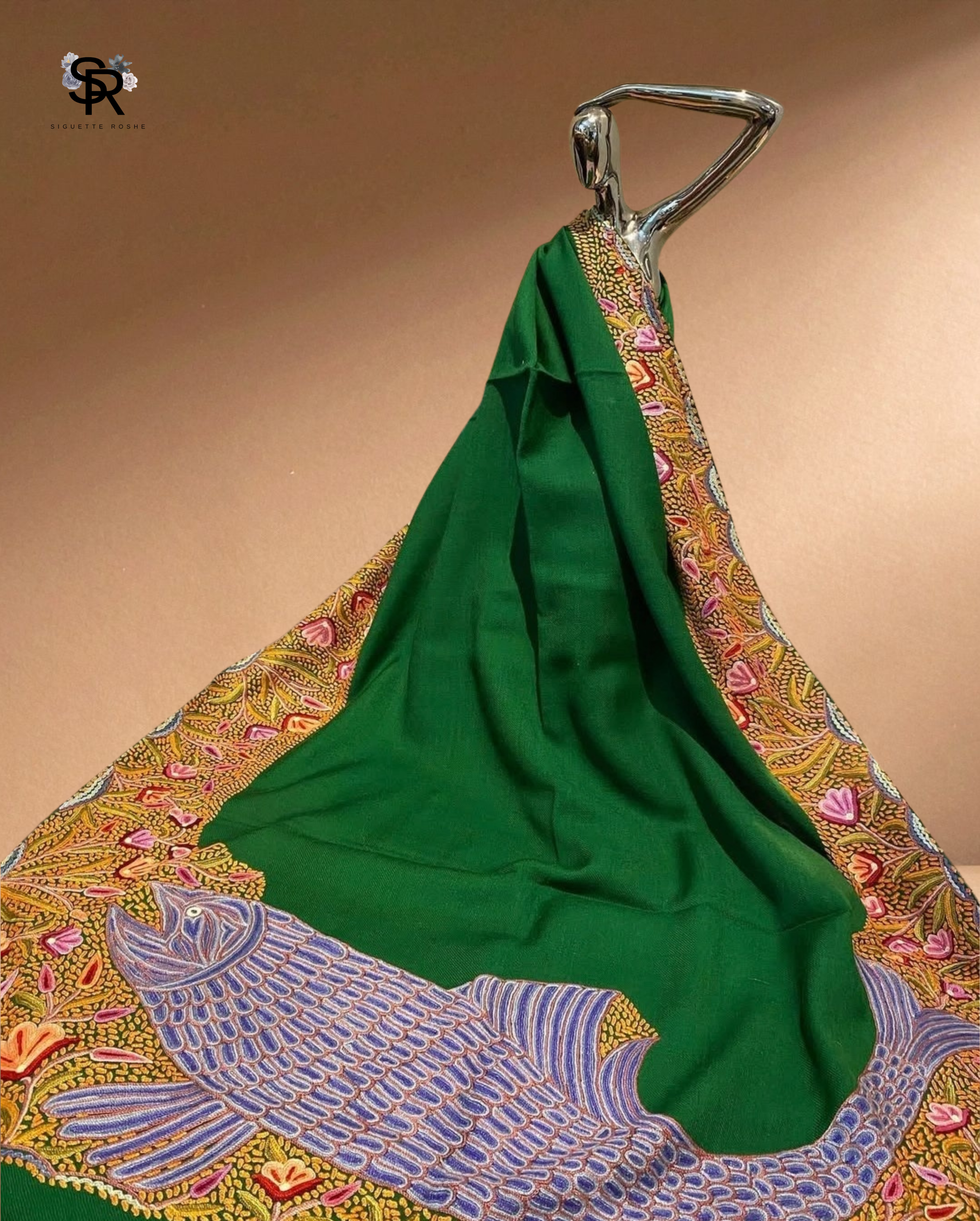 Marine Green Cashmere Wool Shawl With Aari Embroidery