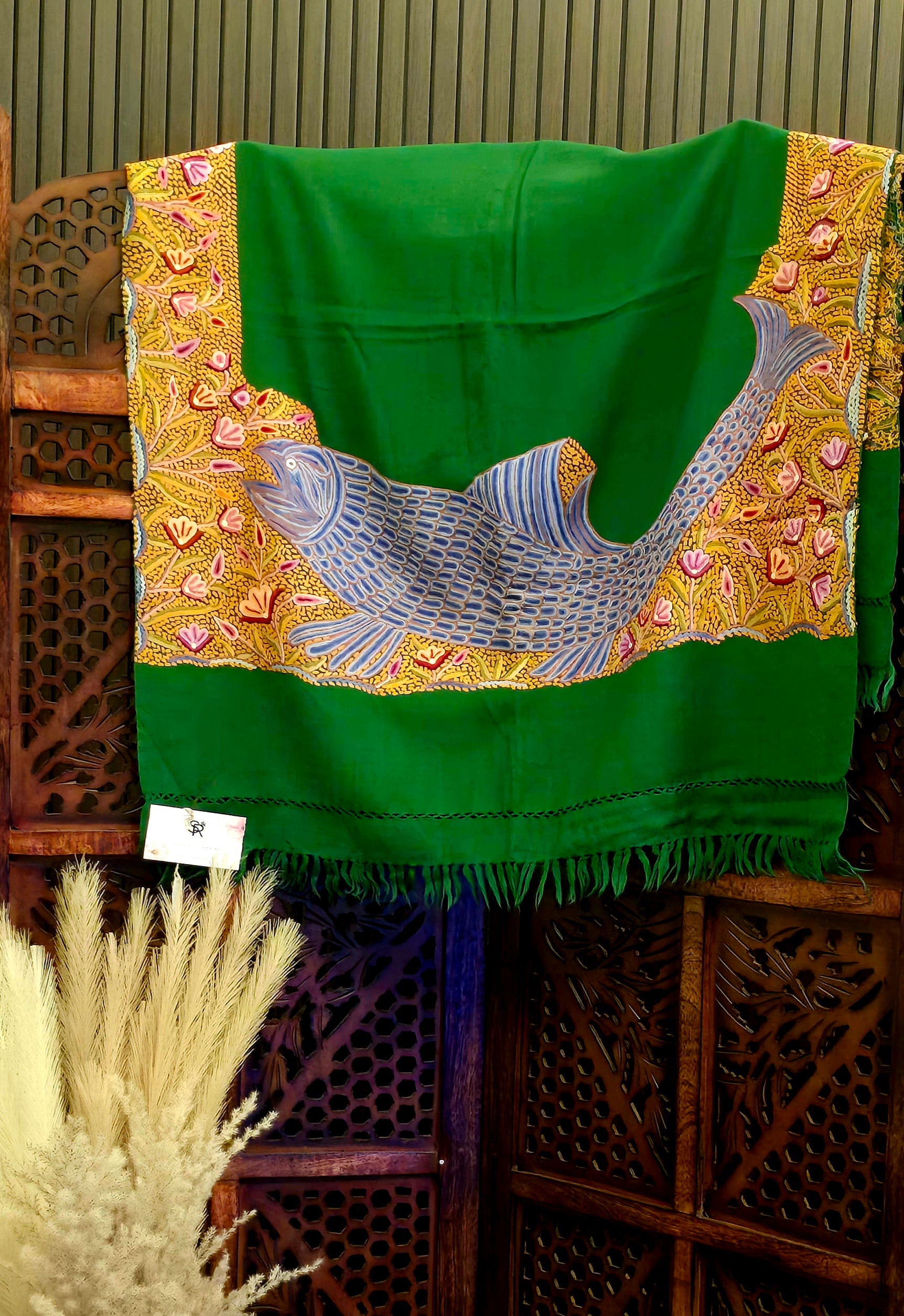 Marine Green Cashmere Wool Shawl With Aari Embroidery
