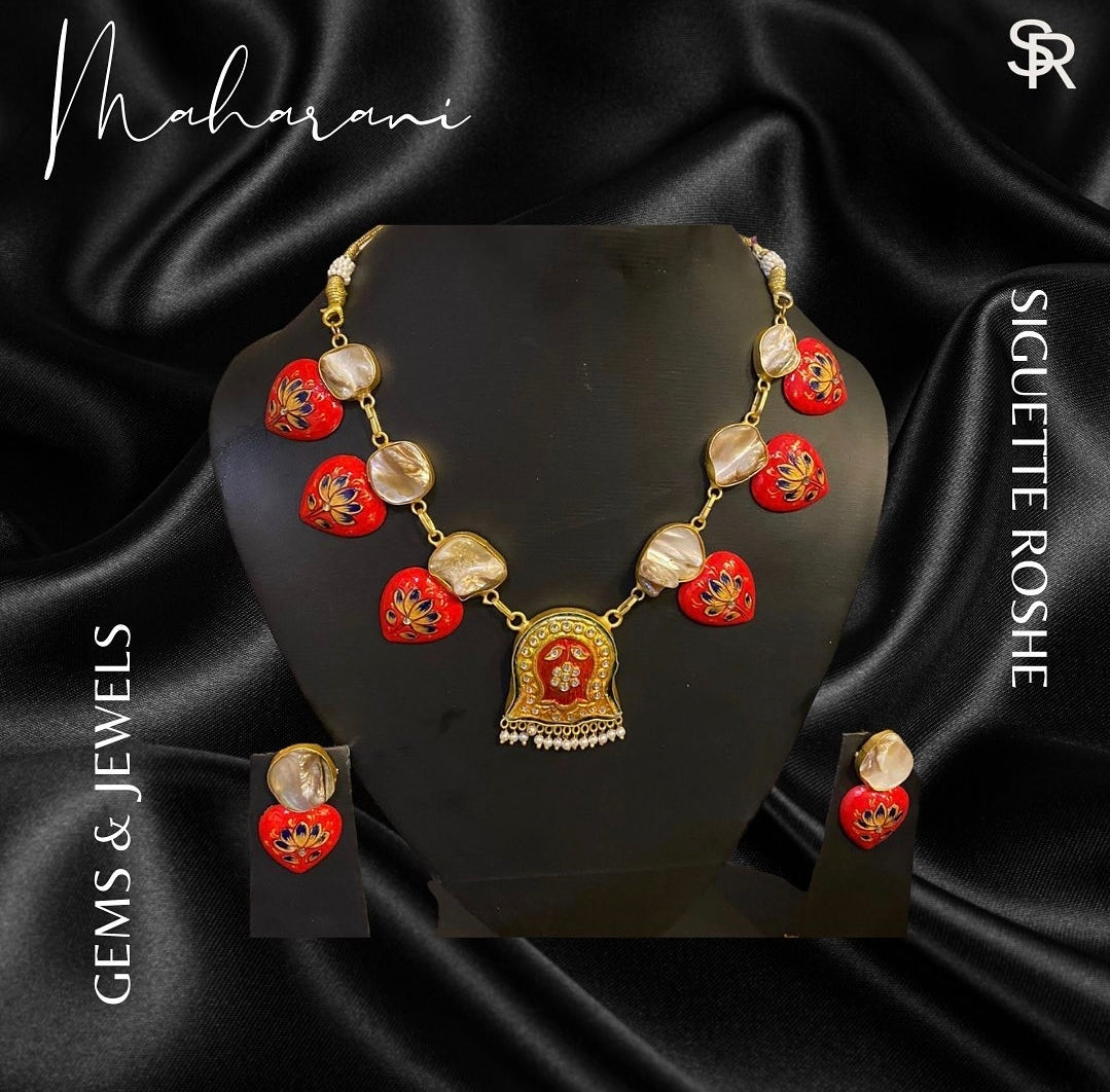 Maharani Intricate Enamel Work Mother Of Pearl Encrusted Kundan Necklace With Stunning Matching Studs