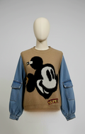 Mickey Coffee Brown Knit Sweater With Denim Sleeves