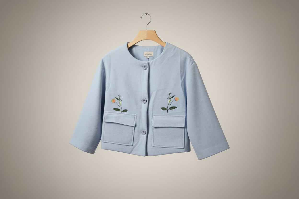 Powder Blue Blazer With Floral Motifs
