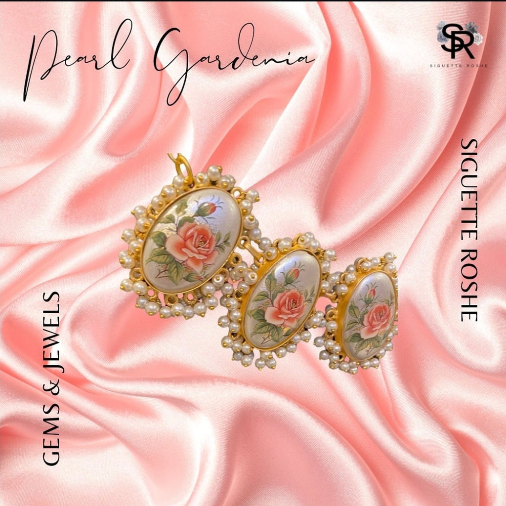 Pearl Gardenia Elizabethan Necklace With Hand Painted Rose Motifs and Matching Studs