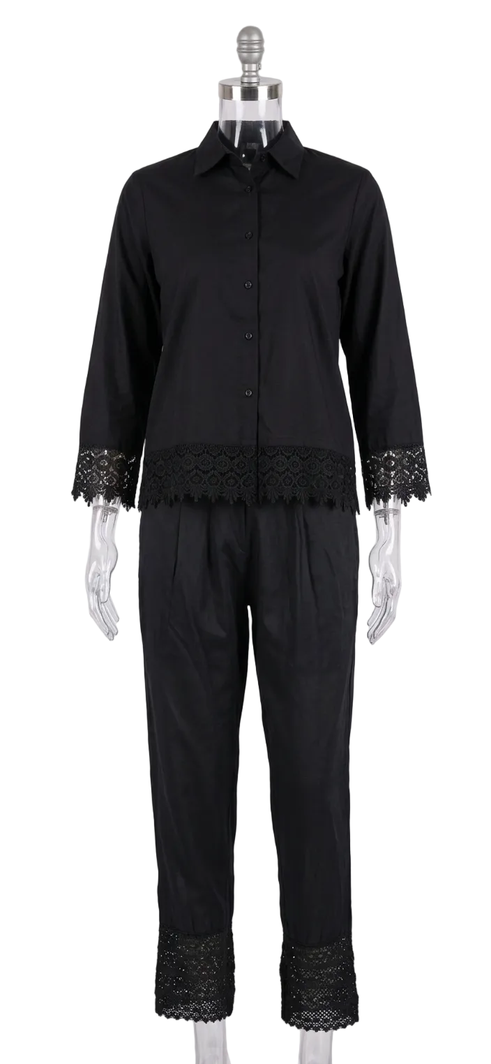 Midnight Noir Cotton Co-Ord Set With Net Mesh Borders