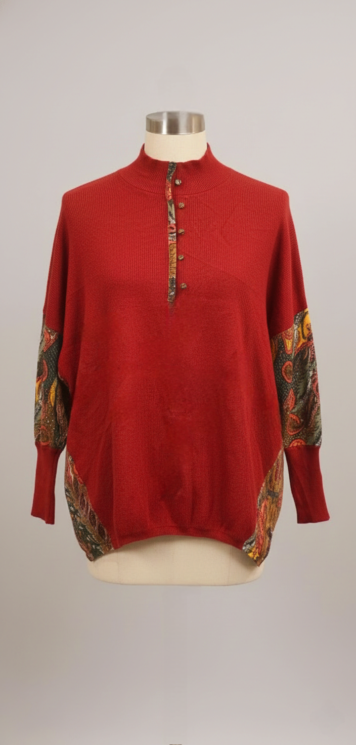 Paisley Red Sweater With Silk Sleeve Detailing