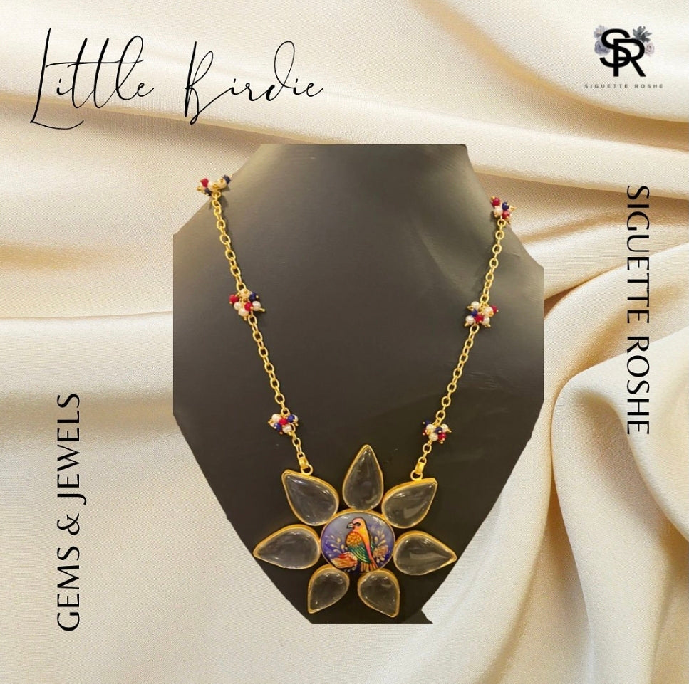 Little Birdie Hand Painted Bird Motif Statement Necklace With Pearls