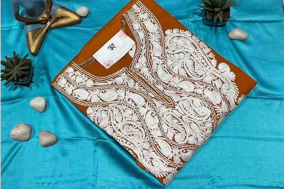 Sandy Brown Aari Embroidered Kashmiri Pheran