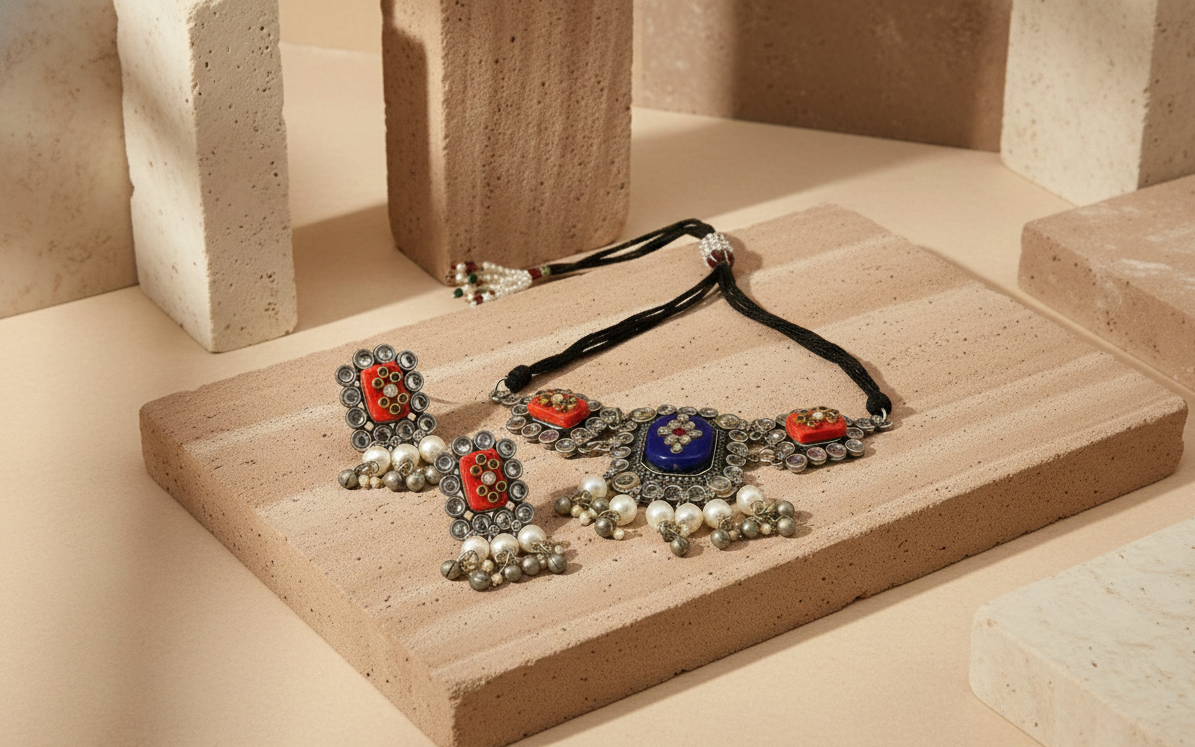 Kailasa Oxidised Gemstone Choker With Matching Earrings