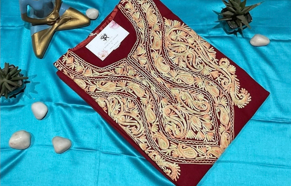 Magenta and Brown Aari Embroidered Kashmiri Pheran