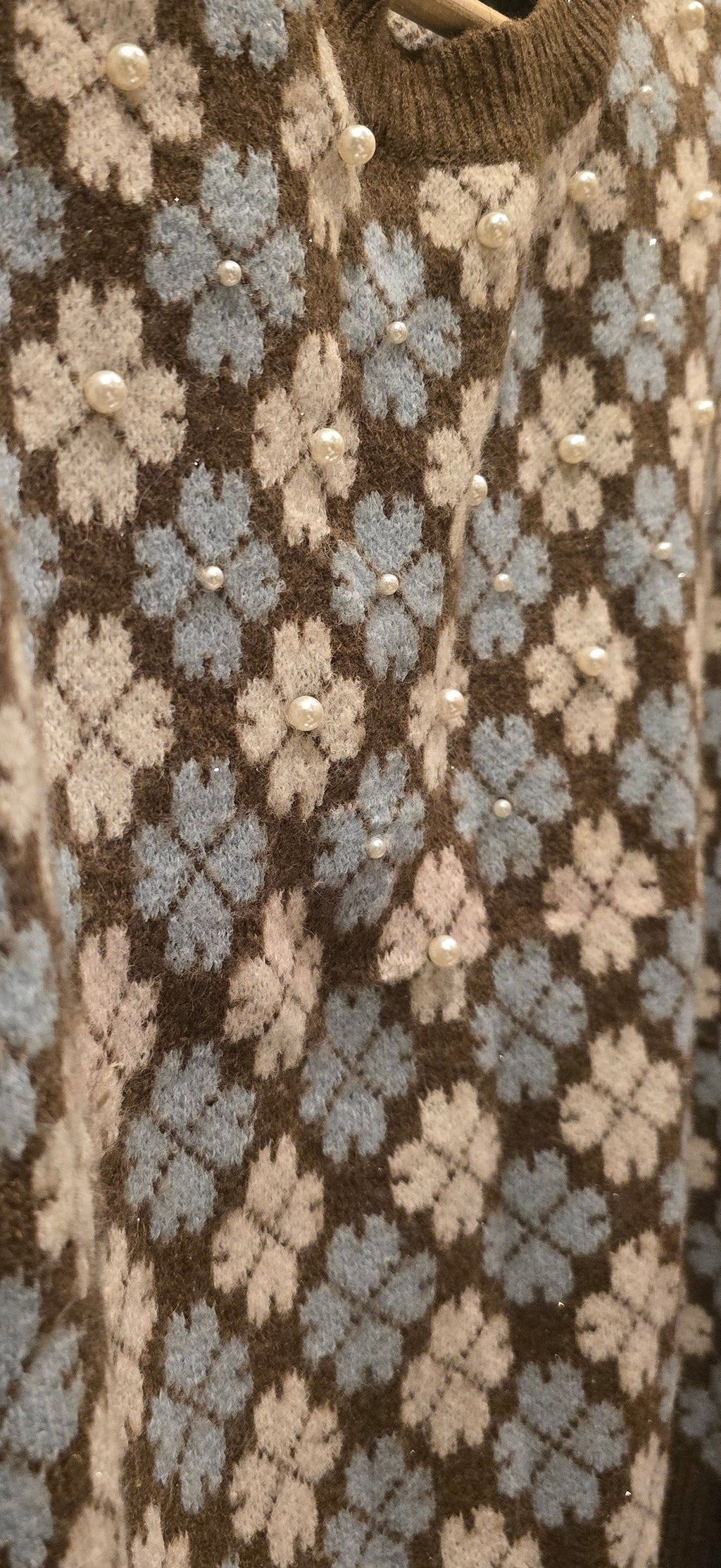 Brown Floral Chequered Sweater With Pearls