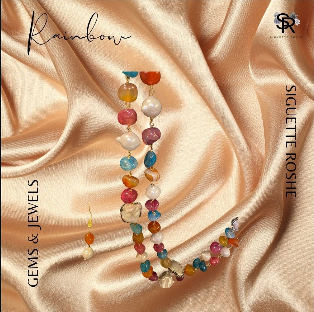 Rainbow Beads and Mother Of Pearl Encrusted Mala With Matching Drop Down Earrings