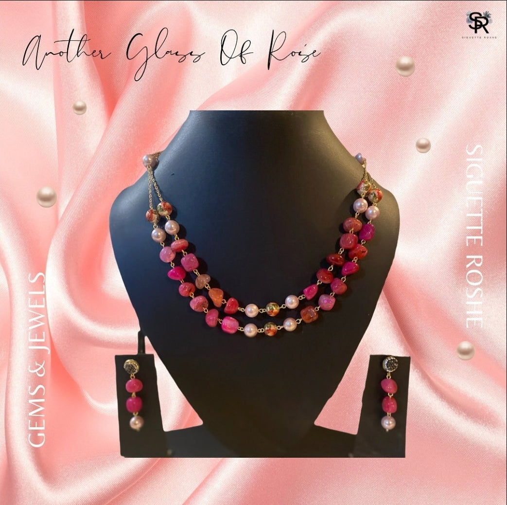 Another Glass Of Rosé Pearls Necklace With Hand-painted Rose Motifs and Matching Earrings