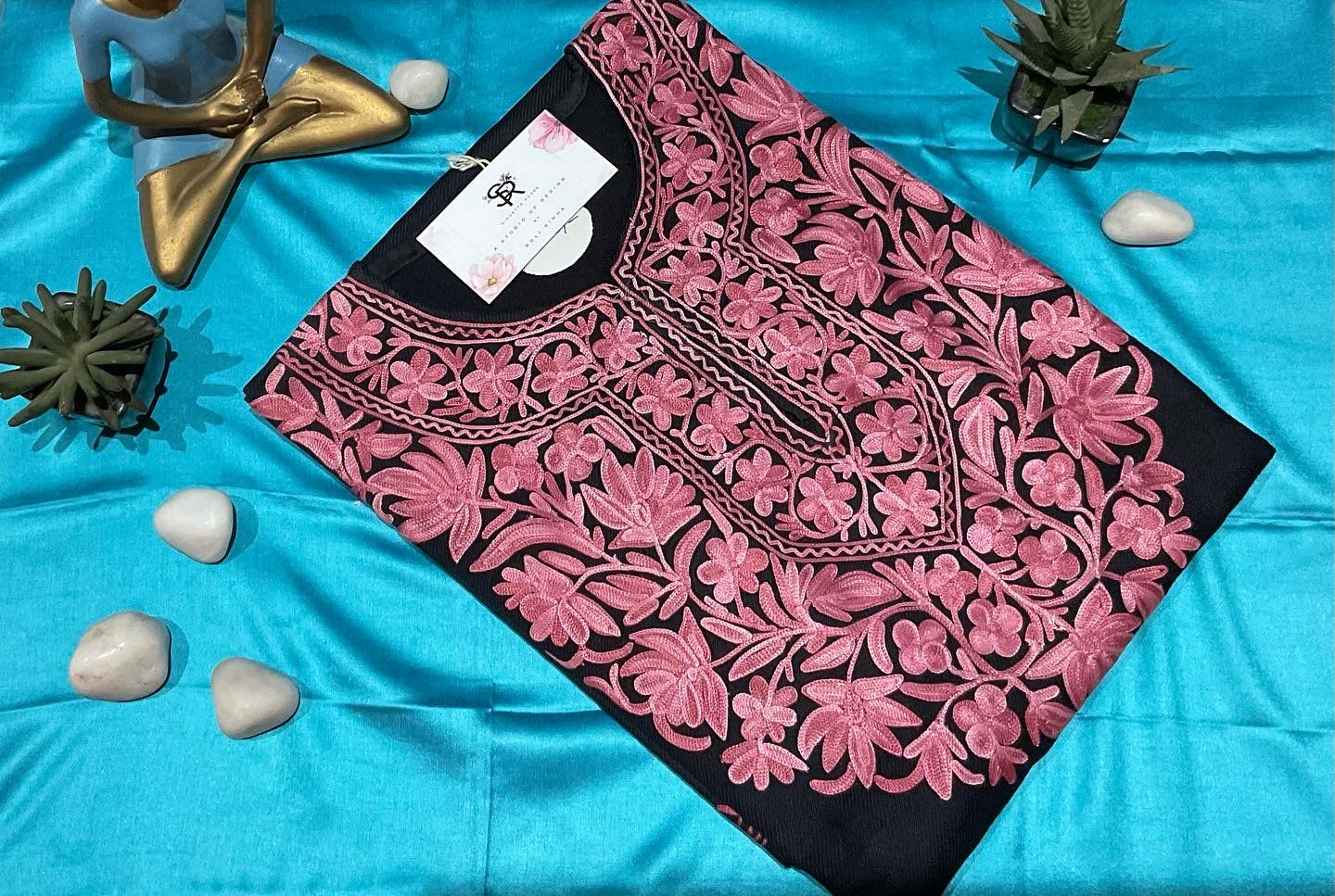 Black and Powder Rose Pink Aari Embroidered Kashmiri Pheran