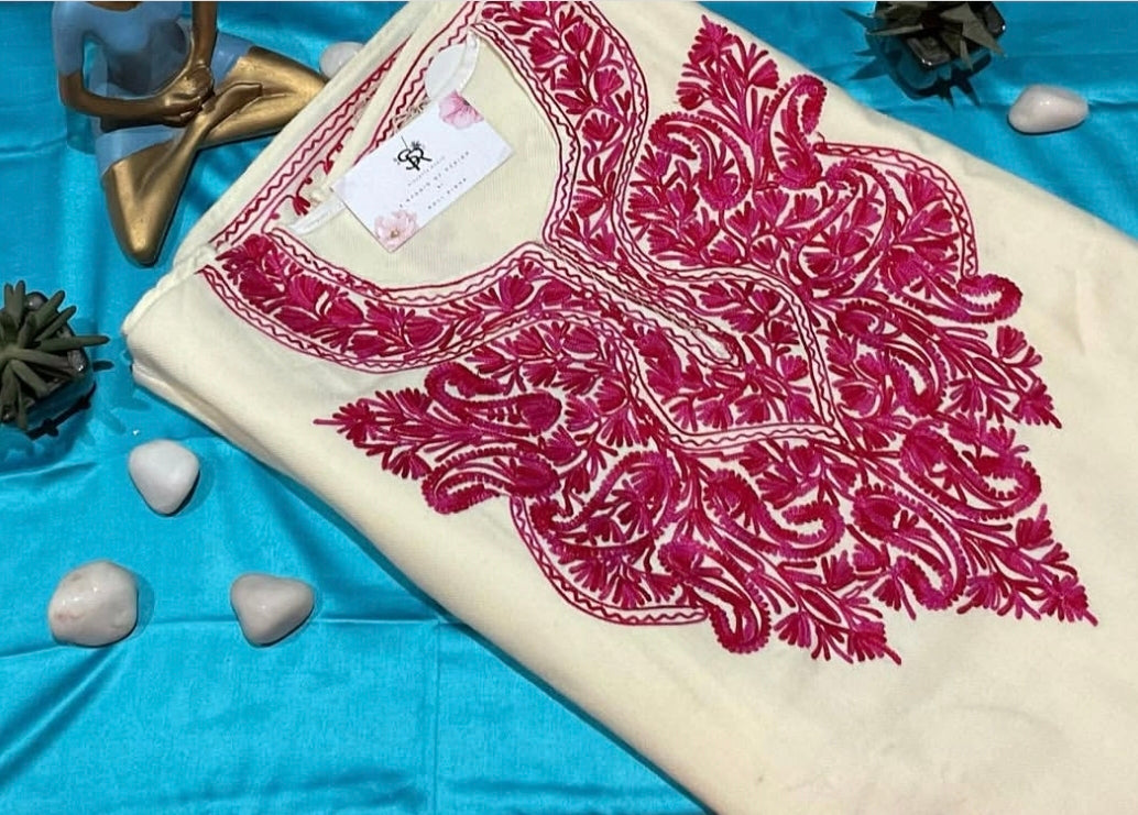 White and Raspberry Pink Aari Embroidered Kashmiri Pheran