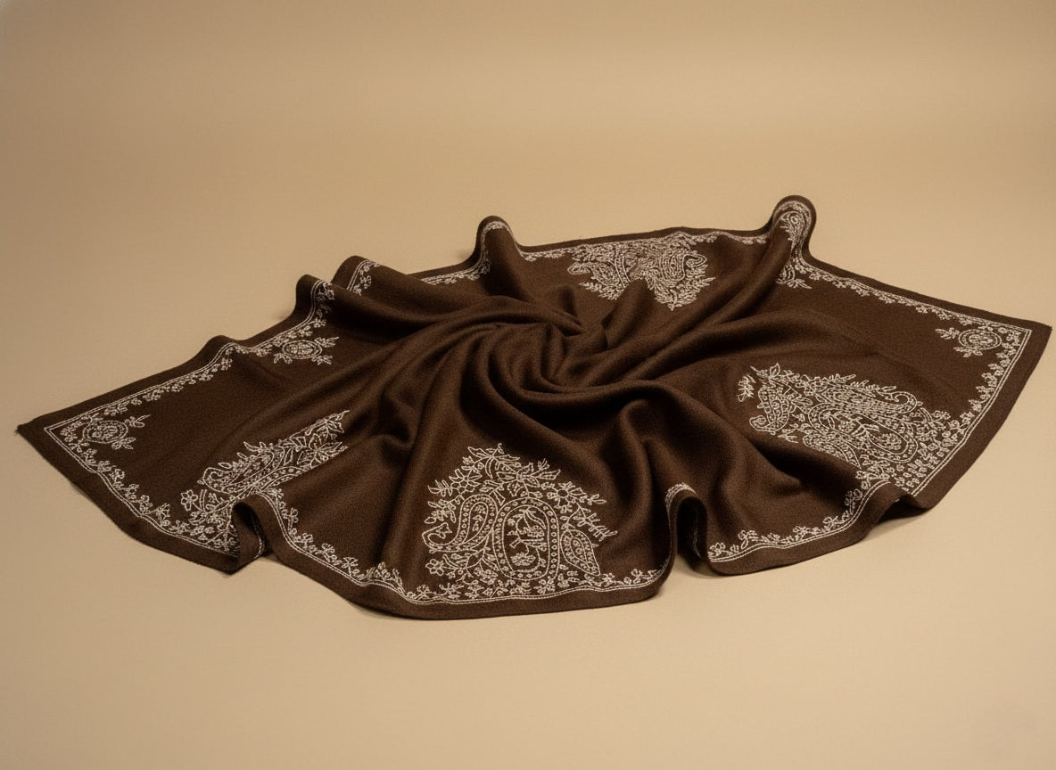Jahanara Umber Pashmina With Intricate Hand Embroidered Sozni Work Handspun and Handwoven