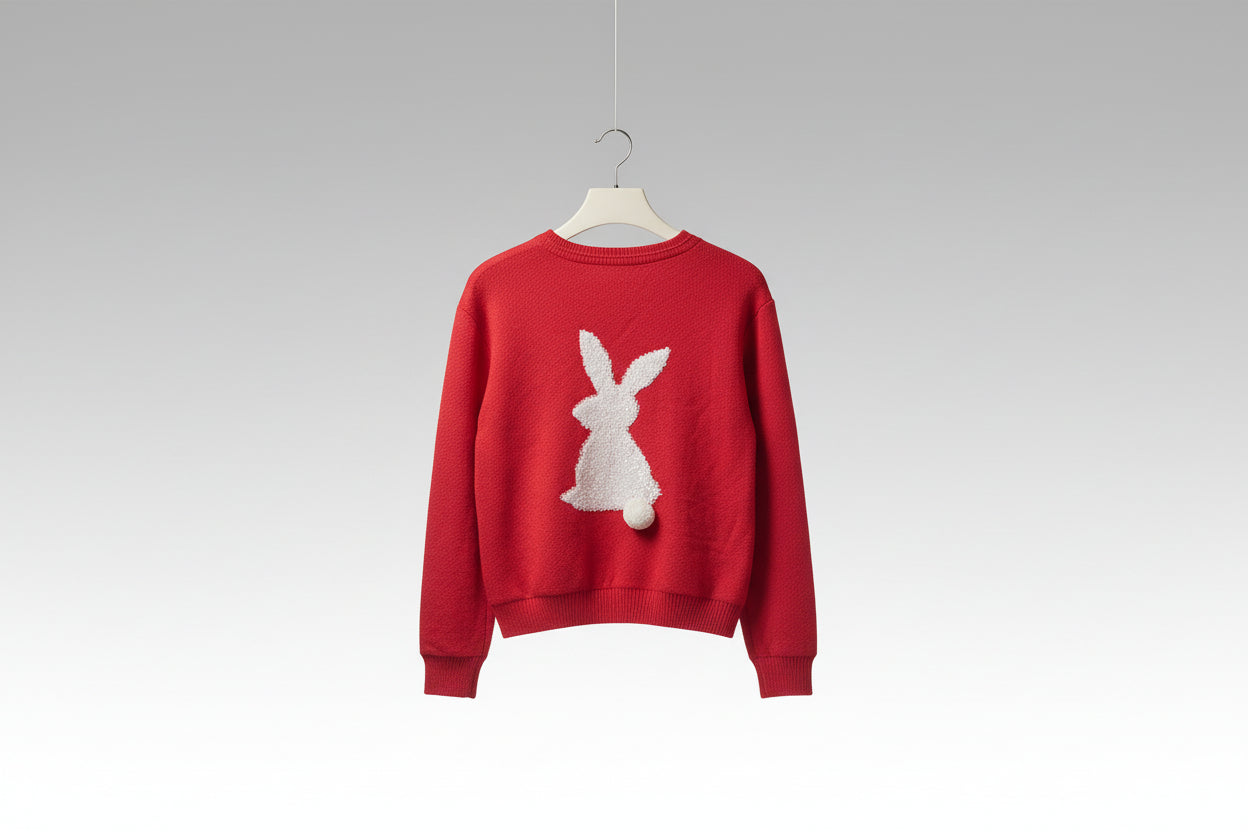Red Bunny Knit Sweater with Pompom
