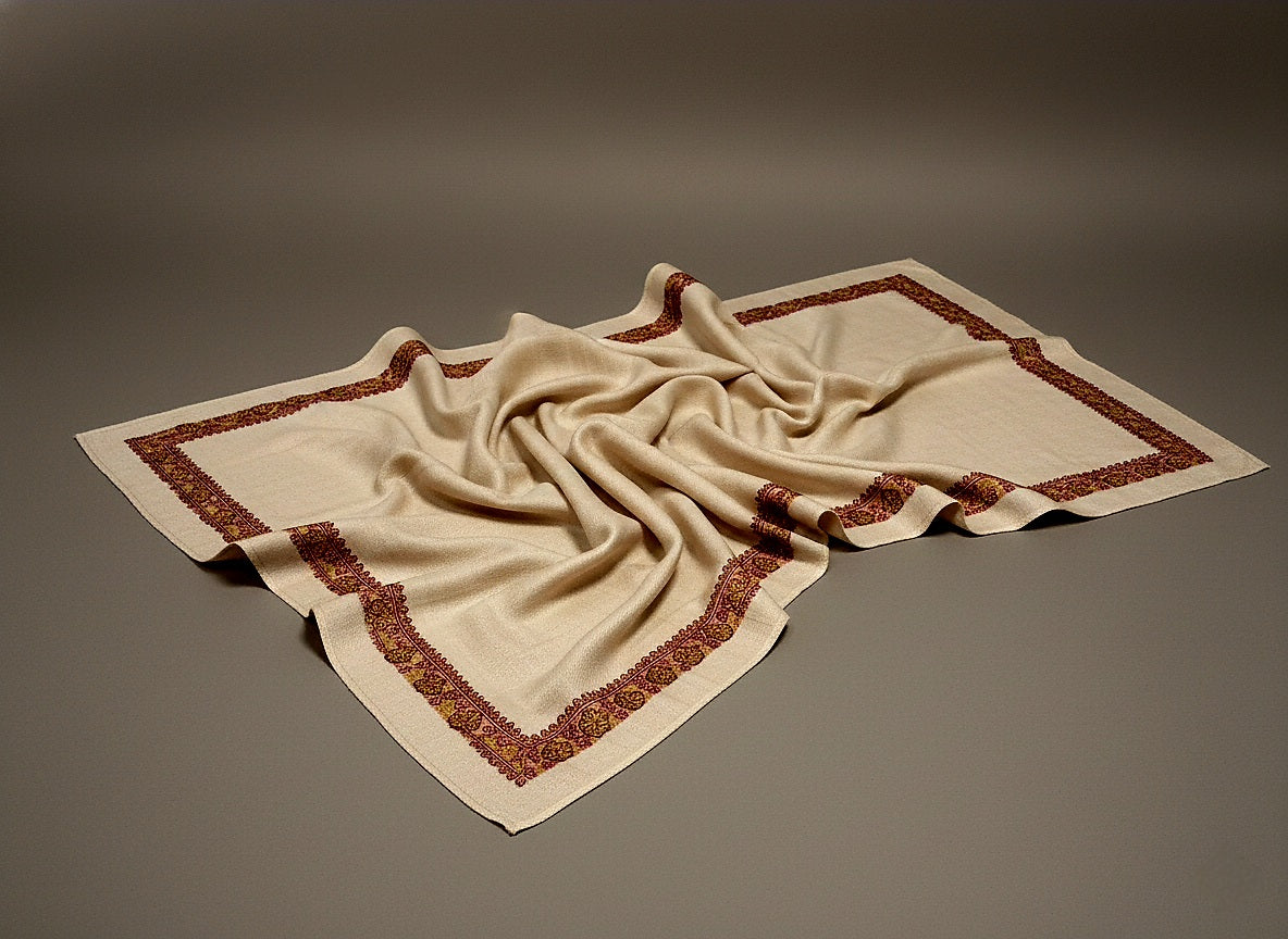 Nafees Cremè White Pashmina With Intricate Hand Embroidered Sozni Work Handspun and Handwoven