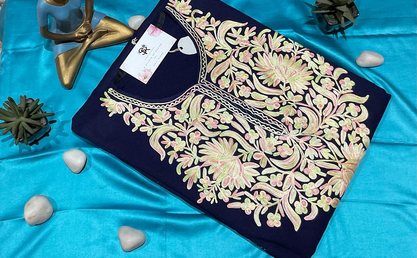 Black and Pistachio Green & Pink Aari Embroidered Kashmiri Pheran