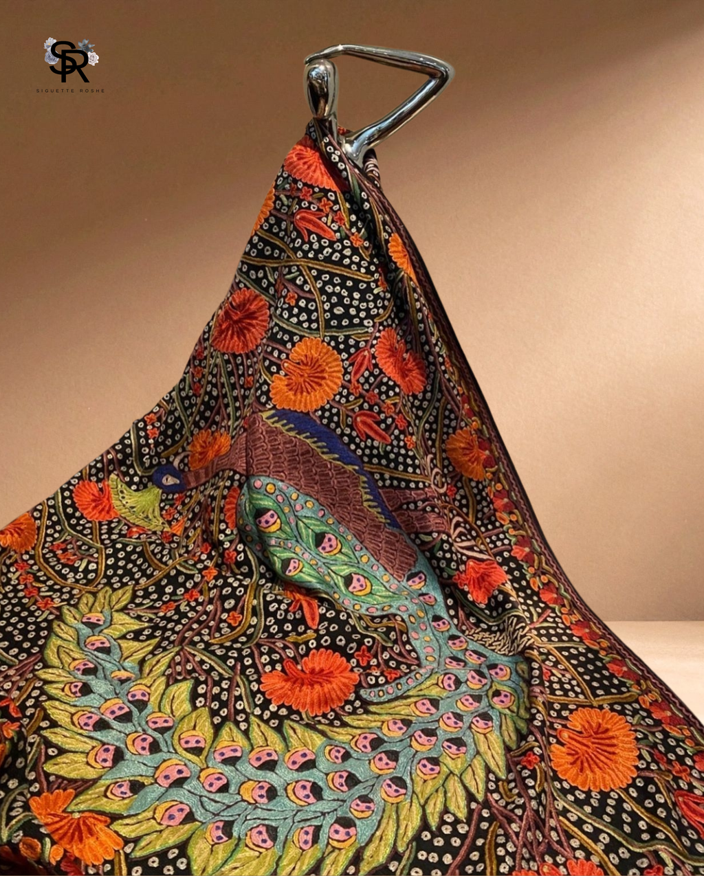 Peacock Cashmere Wool Shawl With Aari Embroidery