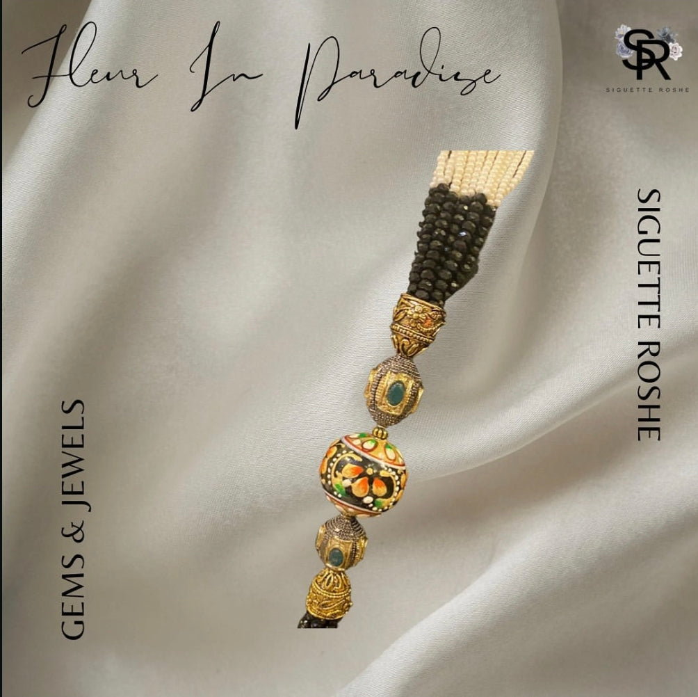 Fleur In Paradise Statement Neclace With Pearls and Enamel Work and Matching Earrings