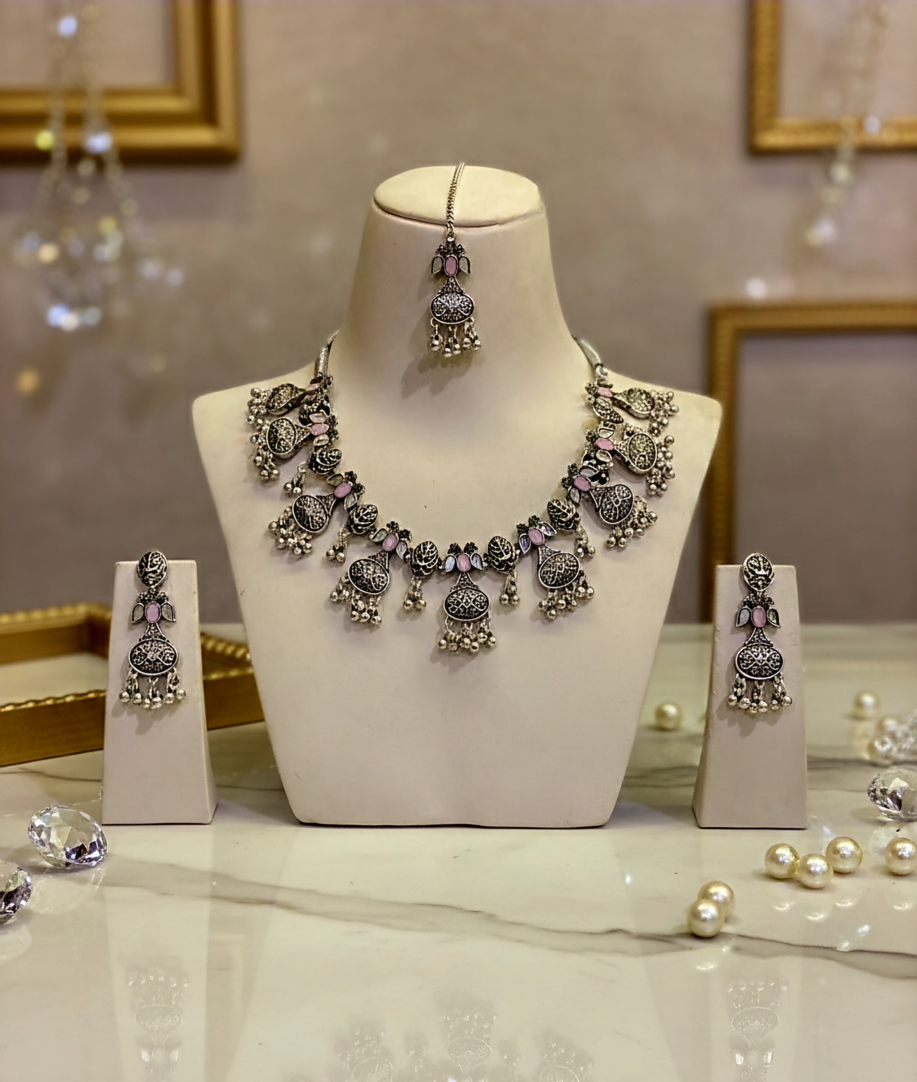 Aera Oxidised Necklace Set With Matching Earrings and Mangtika