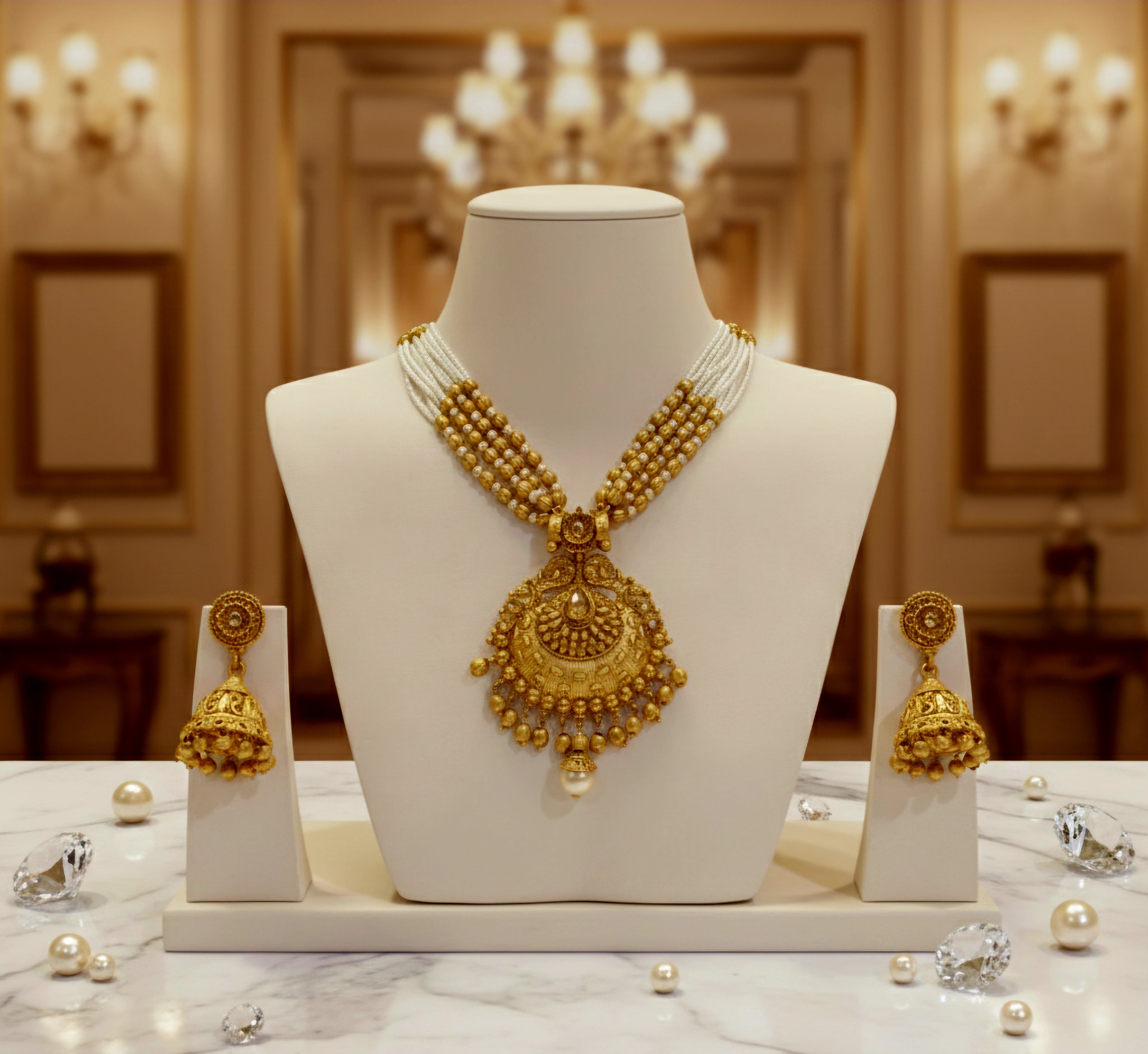 Athiya Regal Gold And Pearls Necklace With Matching Earrings