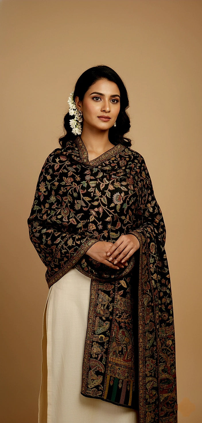 Zaffra Regal Cashmere Shawl in Kani Weave with Floral Motifs and Darbar Print