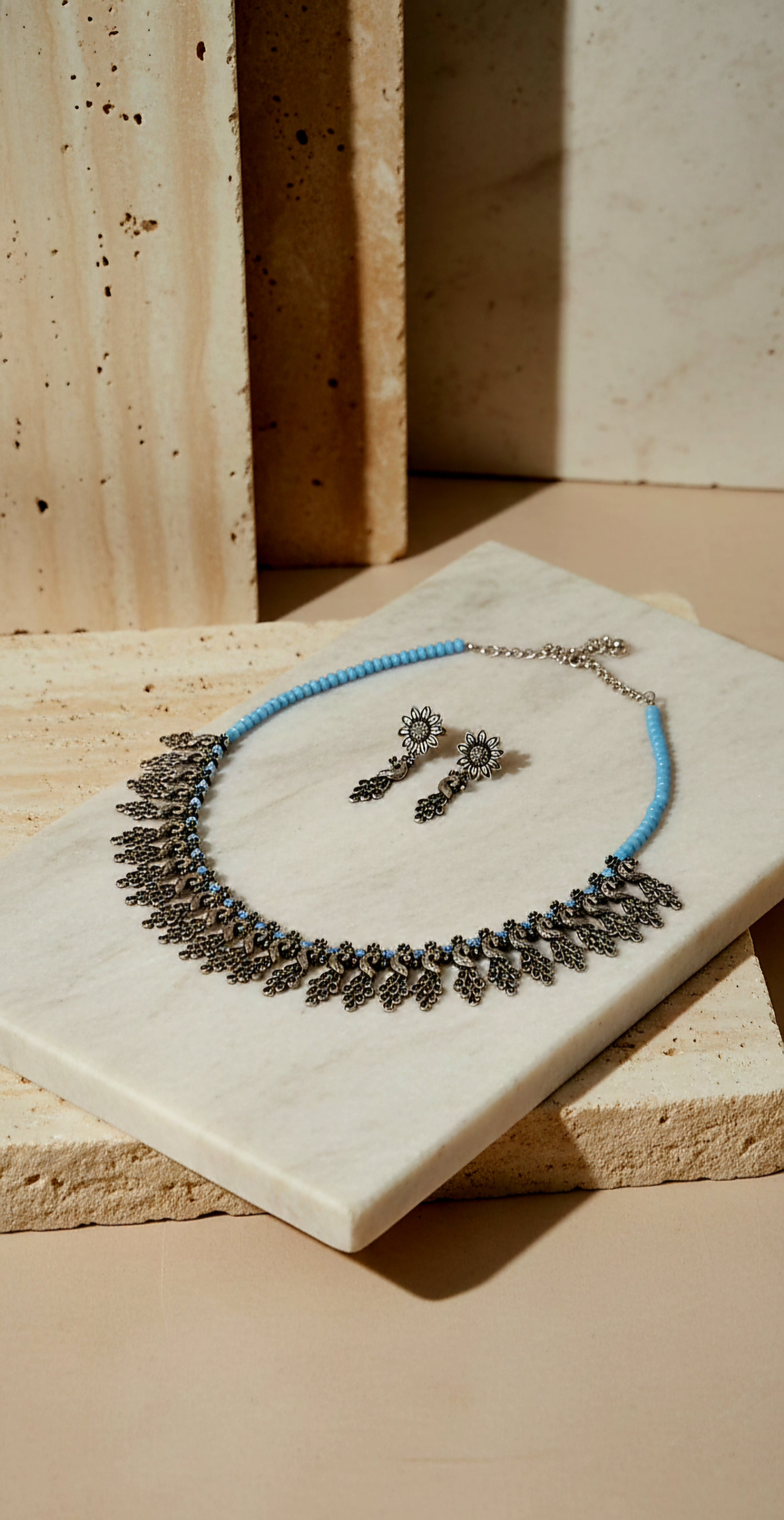 Madhubani Oxidised Statement Necklace With Matching Peacock Earrings