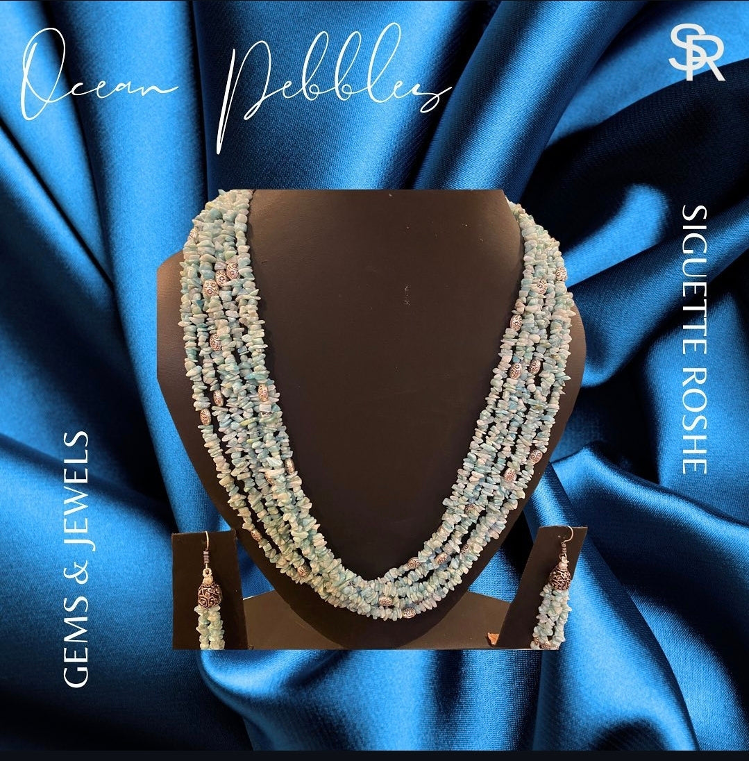 Ocean Pebbles Statement Beads Mala With Matching Earrings