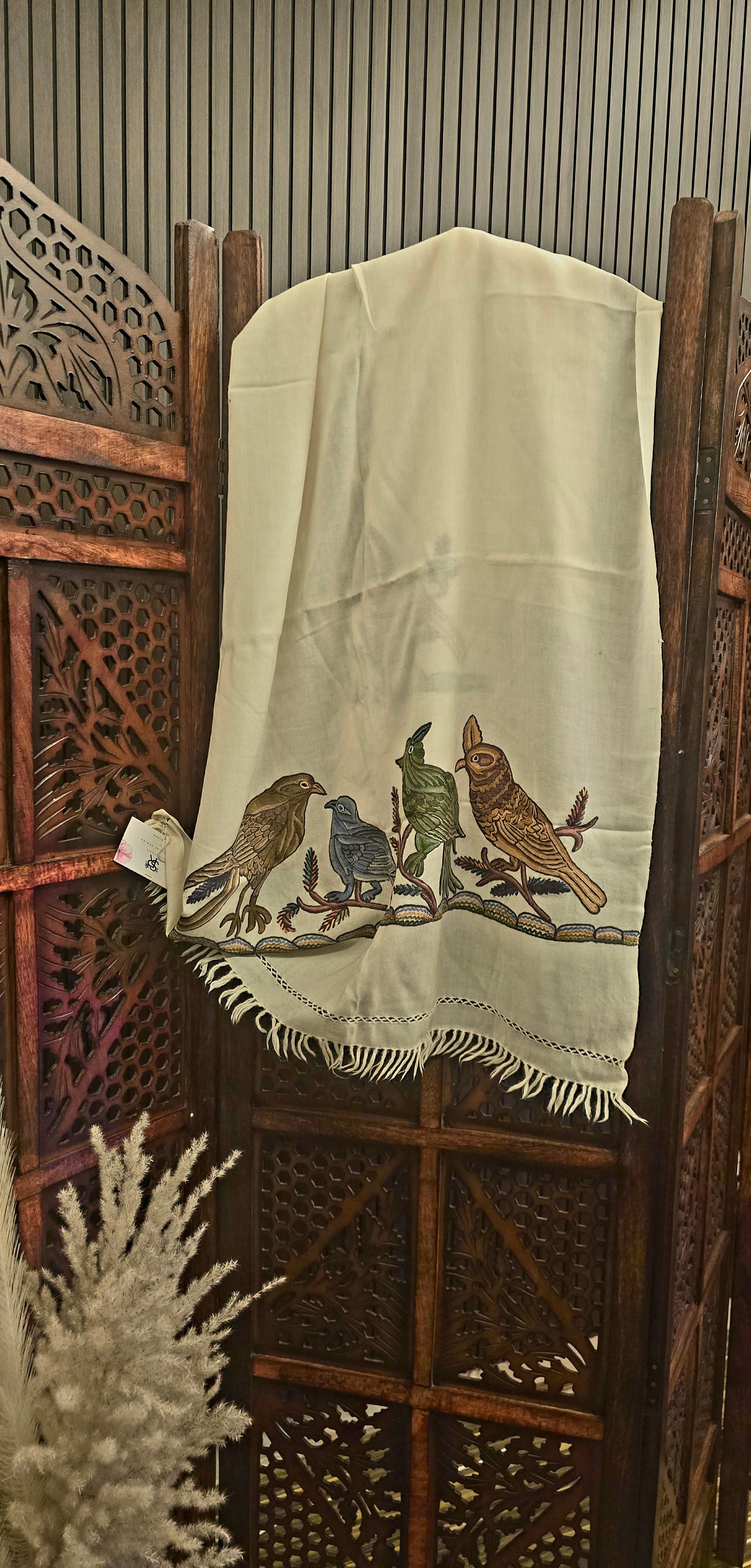 White Birds Cashmere Wool Shawl With Aari Embroidery